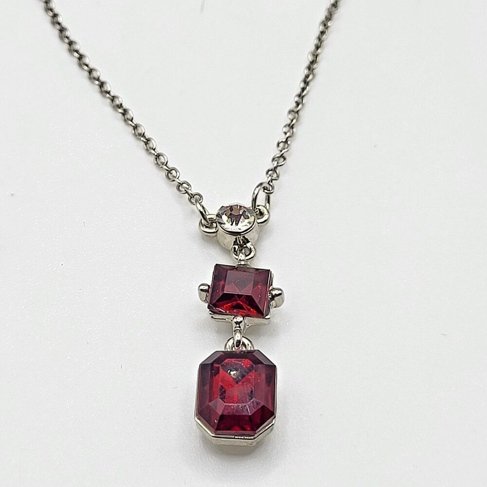 Red Y Drop Silvertone Necklace 16in